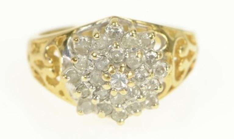 14K Yellow Gold Round Diamond Cluster Vintage Statement Ring