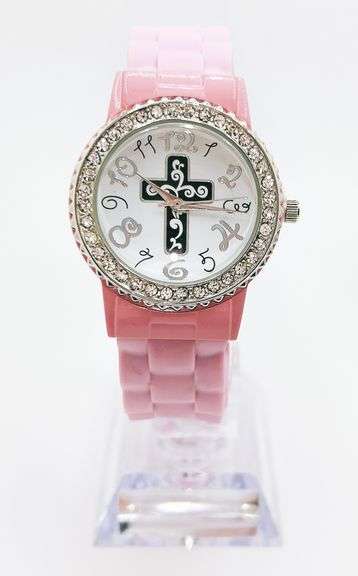 Fancy Pink Geneva Watch w/ Cross Graphic and Gemstones