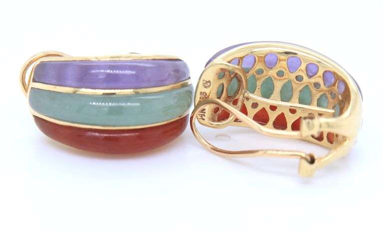 14kt Yellow Gold Green Jade, Coral and Lavender Earrings