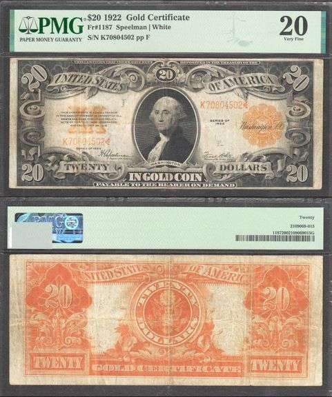 $20 1922 Gold Certificate Fr. 1187 PMG 20 Very Fine