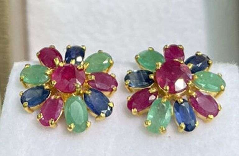 14KT SOLID YELLOW GOLD, RUBY, EMERALD, AND BLUE SAPPHIRE FLOWER EARRINGS