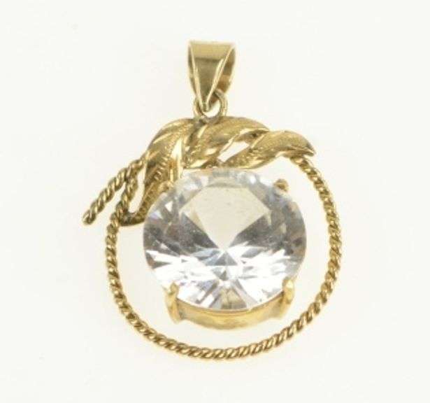 14K Yellow Gold Solitaire Rope Trim Leaf Design Statement Pendant