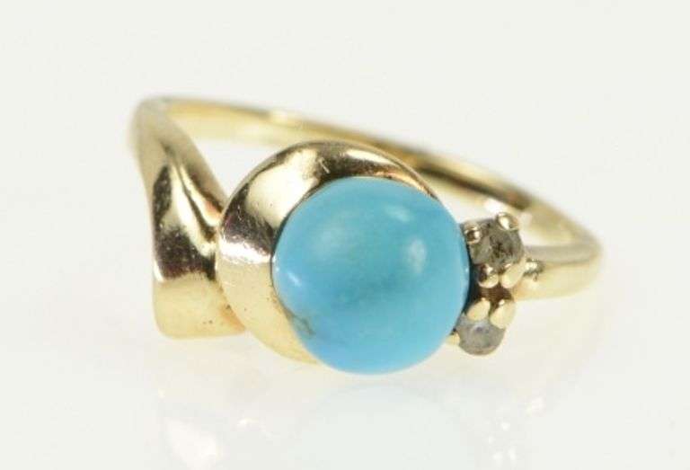 10K Yellow Gold Turquoise Diamond Accent Vintage Sphere Ring