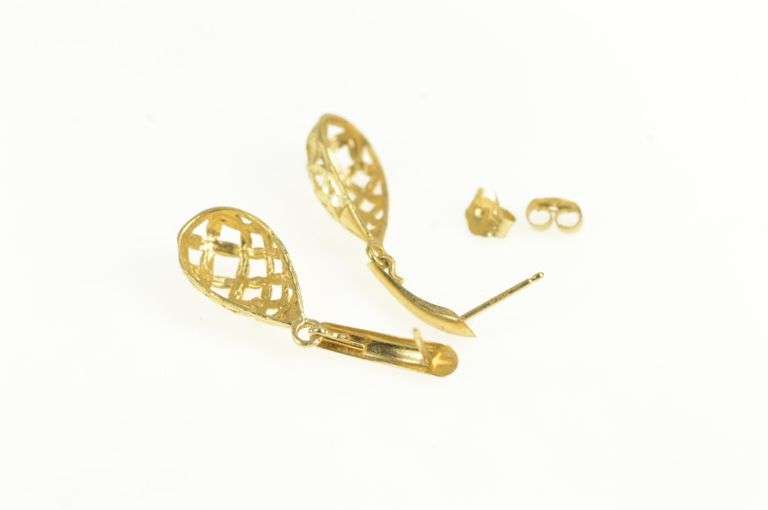 14K Yellow Gold Domed Tear Drop Shape Lattice Dangle Earrings