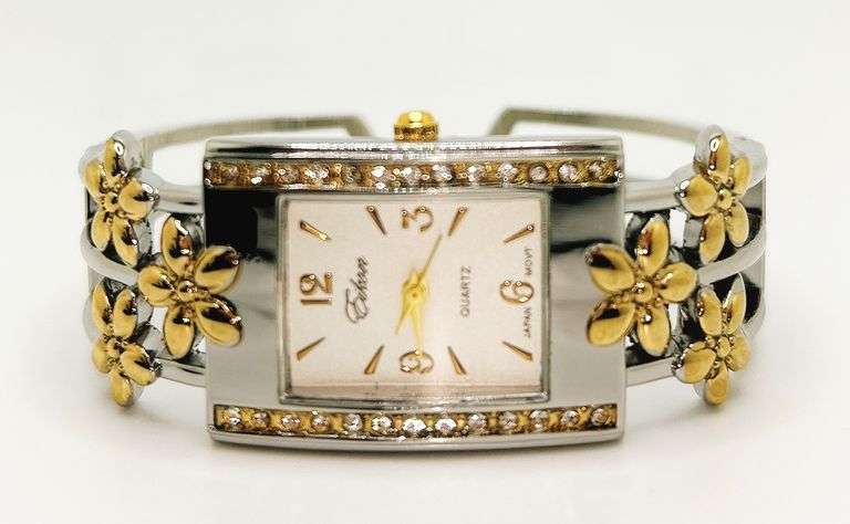 Beautiful Two-Tone Cuff Watch Bracelet with Gemstones