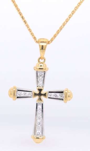 Dazzling Yellow Gold 2 Tone Diamond Cross Pendant on Chain