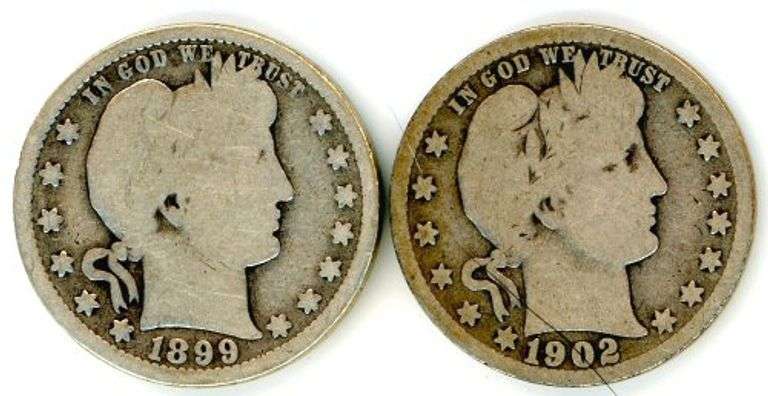 2 Different 'S' Mint Barber Silver Quarters: 1899-S & 1902-S