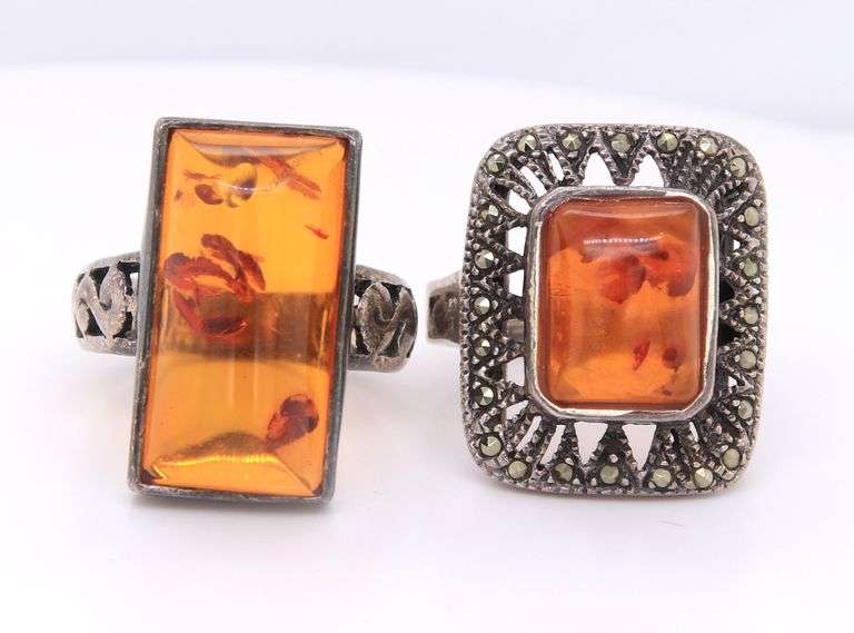 Lot of 2 Vintage 925 Sterling Silver Amber Rings