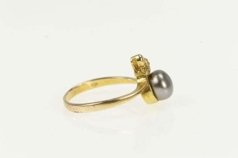 10K Yellow Gold Grey Pearl Diamond Vintage Bypass Ring
