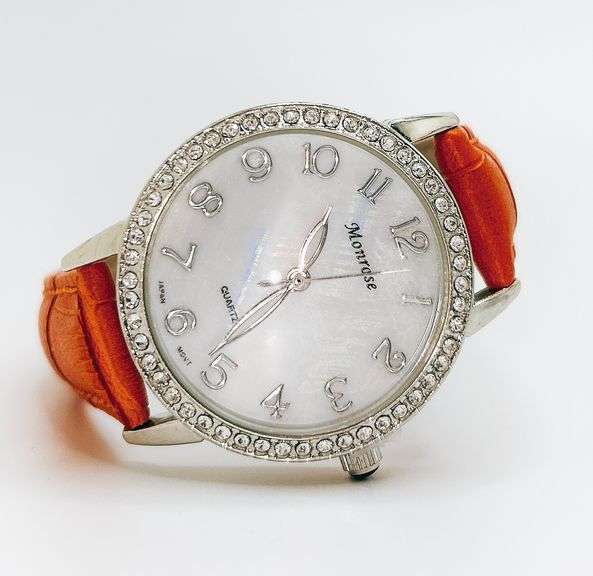 Beautiful Mother of Pearl & Gemstone Watch-Orange Genuine Leather Band