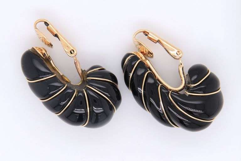 Fancy Yellow Gold Black Onyx and Gold J Hoop Earrings