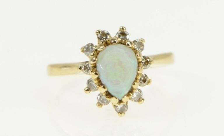 14K Yellow Gold Pearl Opal Diamond Cluster Halo Engagement Ring