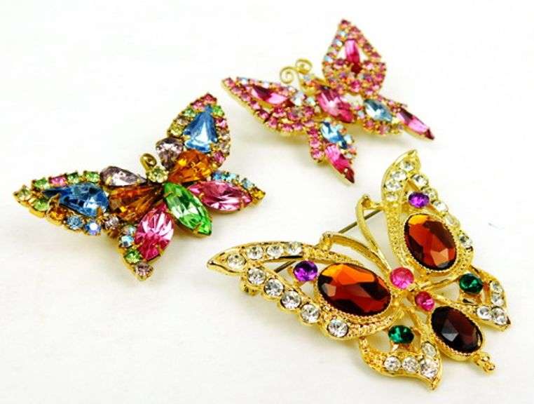3 Colorful Rhinestone Butterfly Pins