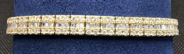 FANCY 14K SUNNY YELLOW GOLD GORGEOUS BAGUETTE AND ROUND BRILLIANT CUT DIAMOND TENNIS BRACELET