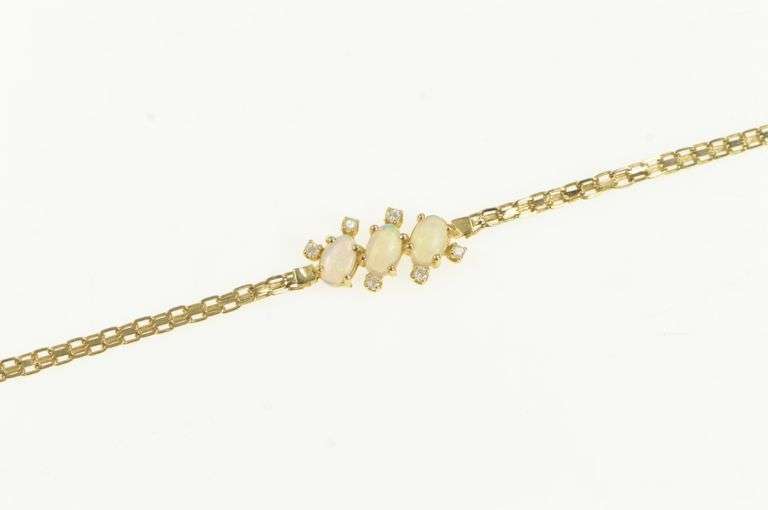 14K Yellow Gold Natural Opal Diamond Vintage Chain Bracelet