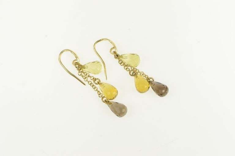 14K Yellow Gold Smoky Quartz Drop Fringe Tassel Dangle Earrings