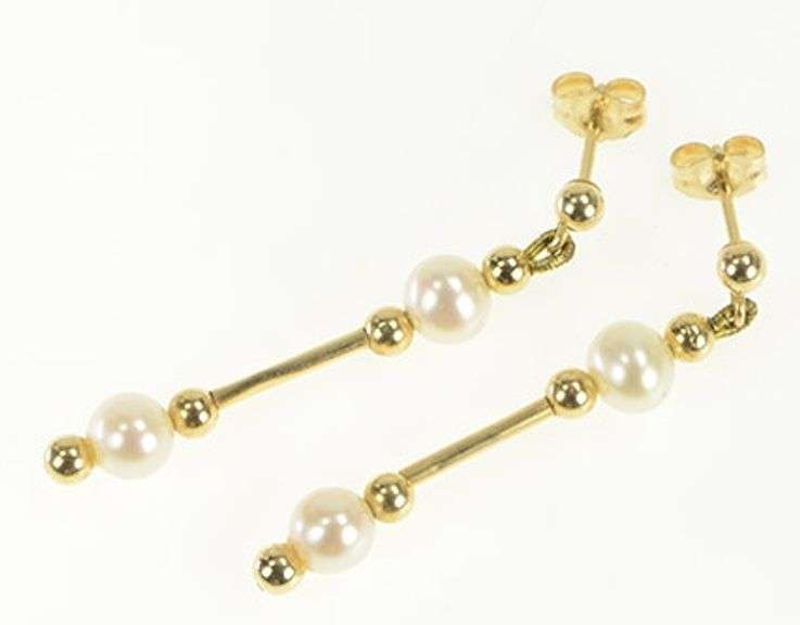14K Yellow Gold Pearl Beaded Vintage Bar Dangle Chain Earrings
