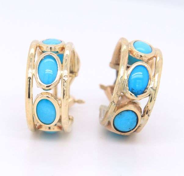 Attractive Yellow Gold oval Turquoise Bezel Set Hoop Earrings