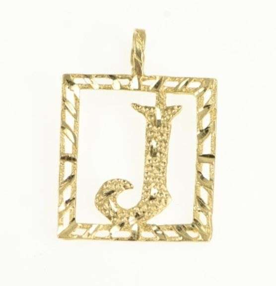 14K Yellow Gold Square J Monogram Name Letter Initial Pendant