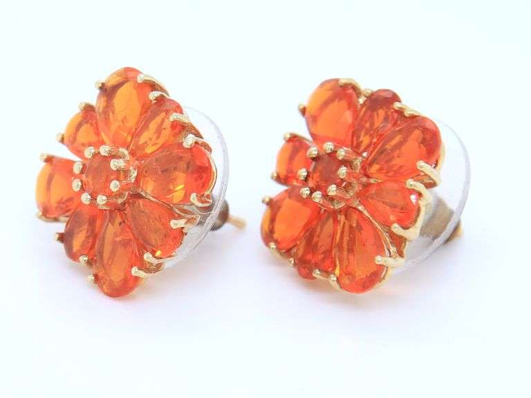 Handsome Yellow Gold Flower Design Orange Quartz Earrings