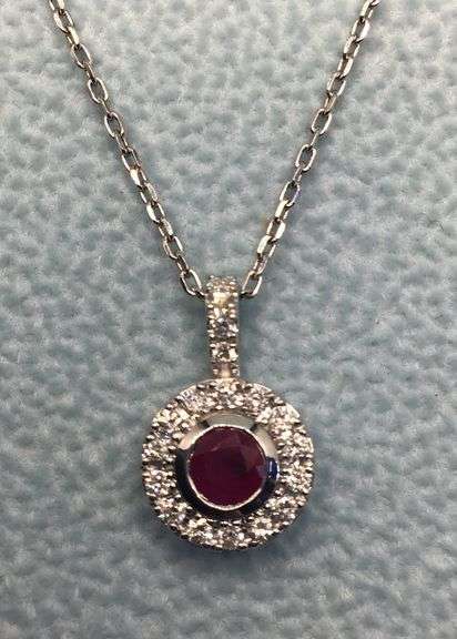 GORGEOUS VINTAGE STYLE 14K WHITE GOLD RUBY AND DIAMOND PENDANT NECKLACE
