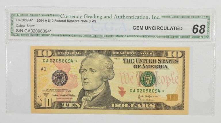 Gem Unc 68 2004-A $10 Federal Reserve Star Note Fr. 2039-A* CGA Graded