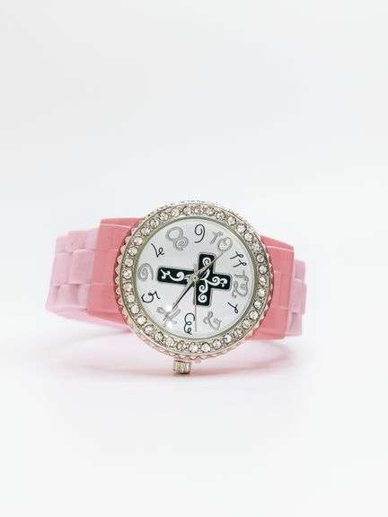 Fancy Pink Geneva Watch w/ Cross Graphic and Gemstones