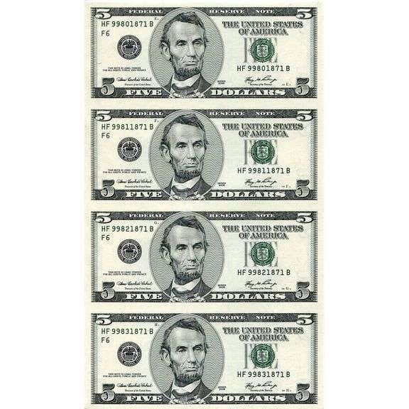 Uncut Currency Sheet 4 x $5 2006 UNC