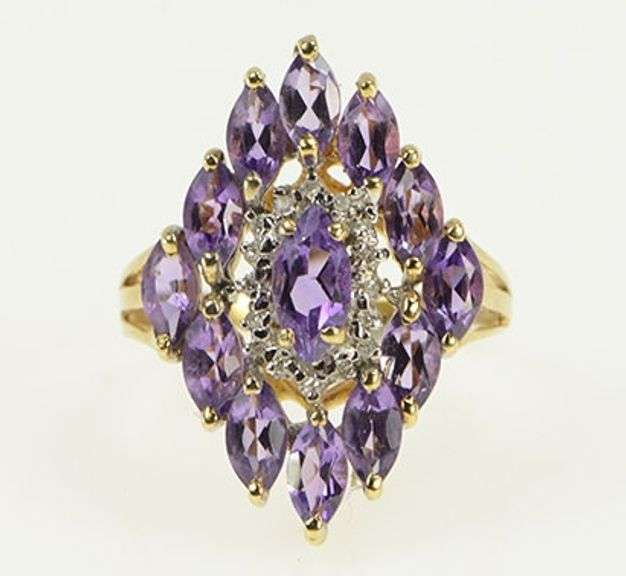 10K Yellow Gold Marquise Amethyst Diamond Statement Ring