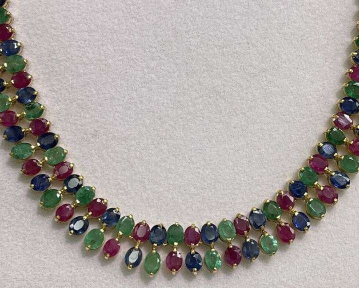 53.0+CARAT NATURAL RUBY, EMERALD, & BLUE SAPPHIRE NECKLACE IN 14KT SOLID YELLOW GOLD