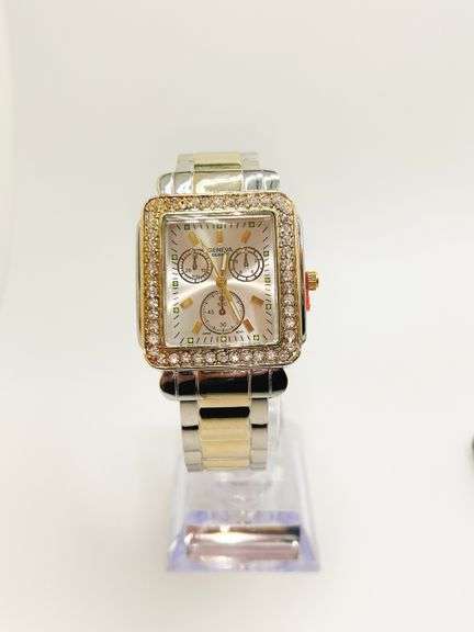 Fancy Square Face Geneva Cuff Watch with Gemstones!