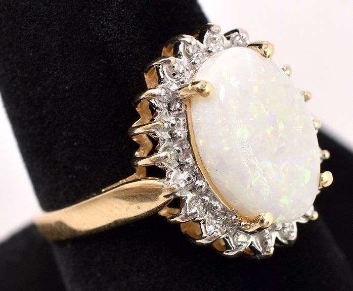 Sparkling Opal And Diamond Ring in 14K Yellow Gold