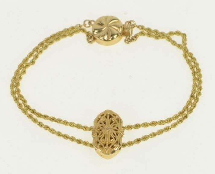 14K Yellow Gold Victorian Filigree Rope Link Slide Charm Bracelet