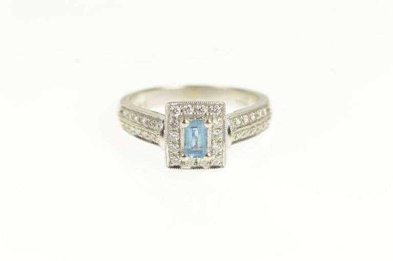 14K White Gold Emerald Cut Blue Topaz Diamond Halo Ring