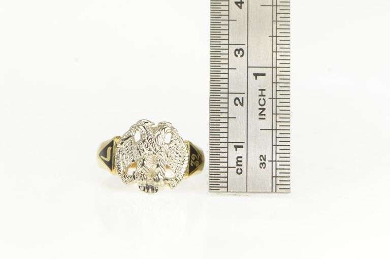 10K White Gold Masonic Eagle Symbol Enamel Vintage Men's Ring