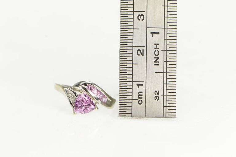 10K White Gold Trillion Pink Topaz Diamond Accent Vintage Ring