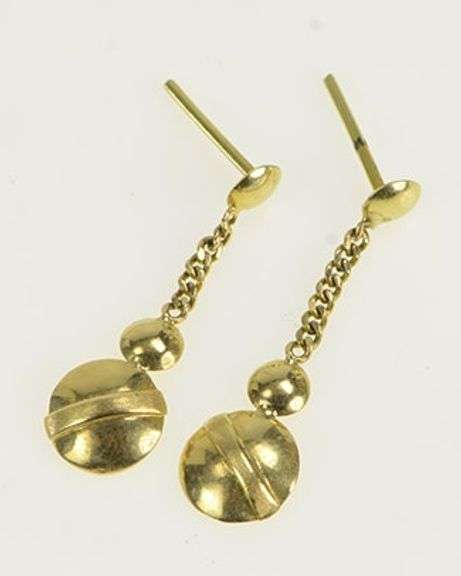 14K Yellow Gold Round Circle Striped Dangle Vintage Statement Earrings