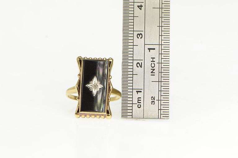 10K Yellow Gold Black Onyx Diamond Overlay Statement Ring