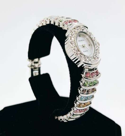 Ladies Geneva & Gemstone Watch, 18kt White Gold Plated