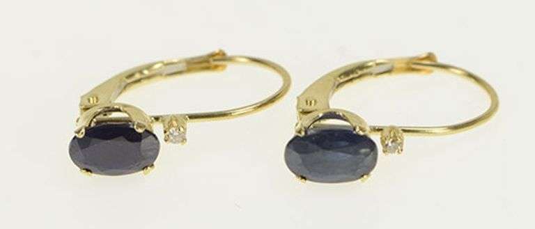 14K Yellow Gold Oval Natural Sapphire Diamond Lever Back Earrings