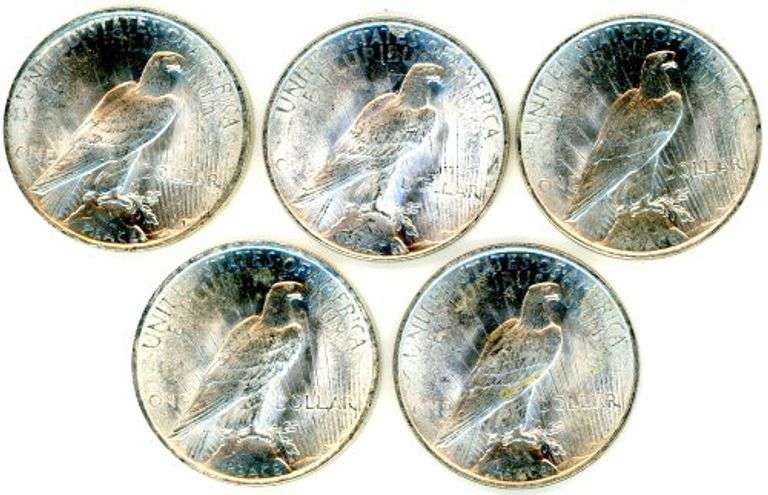 5 Peace Silver Dollars from 1922