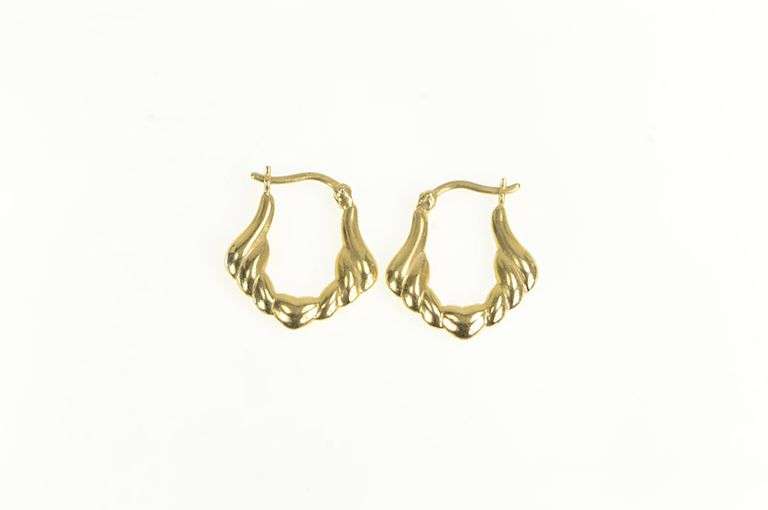 14K Yellow Gold Puffy Scalloped Vintage Heart Wing Hoop Earrings