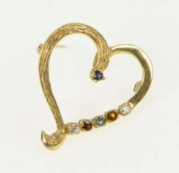 14K Yellow Gold 1960's Birthstone Heart Love Sapphire CZ Pin/Brooch