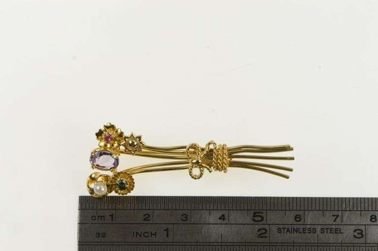 14K Yellow Gold Stick Pin Flower Amethyst Syn. Ruby Vintage Pin/Brooch
