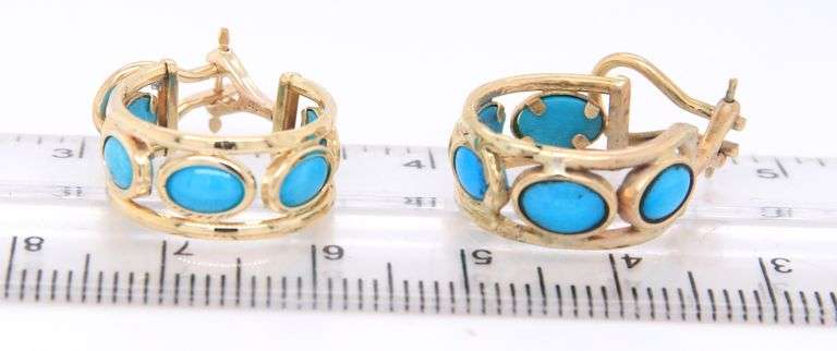 Attractive Yellow Gold oval Turquoise Bezel Set Hoop Earrings