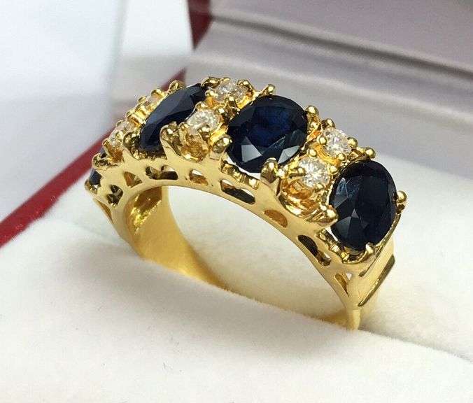 14KT SOLID YELLOW GOLD, BLUE SAPPHIRE, & DIAMOND BAND RING