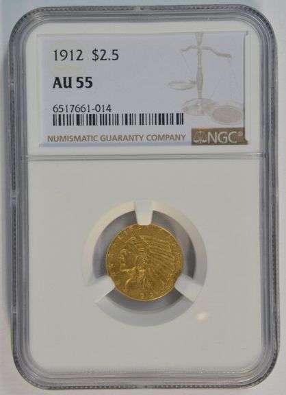 Near Mint 1912 US $2.50 Indian Gold Piece. NGC AU55