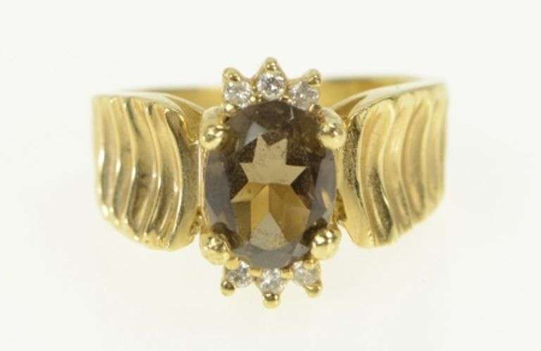 14K Yellow Gold Smoky Quartz Diamond Curved Grooved Ring