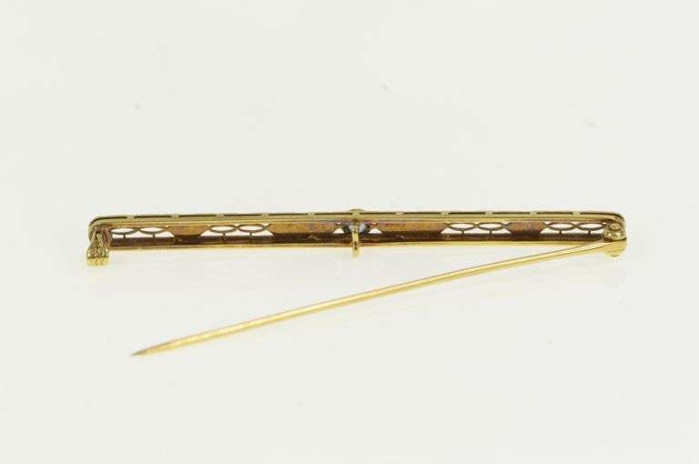 14K Yellow Gold Art Deco Blue Topaz Filigree Ornate Bar Pin/Brooch
