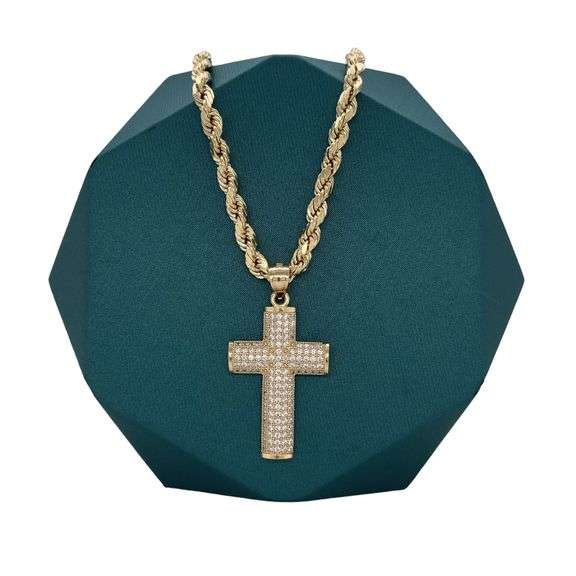 14K YELLOW GOLD CROSS PAVE CUBIC ZIRCONIA STONES